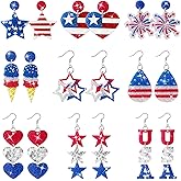 Y1tvei American Flag Earring for Women - 9 Pairs 4th of July Accessories Heart Star USA Red White Blue Dangle Drop Glitter Acrylic Preppy American Patriotic USA Love Flag Jewelry Gifts