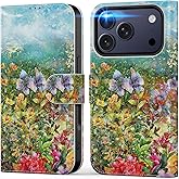 DEENAKIN for iPhone 17 Pro Max Wallet Case with Card Holder + Cash Clip, RFID-Blocking, Military-Grade Protection & UV-Printed Artwork, Magnetic Closure with Leather Stand - Vivid Flowers Painting
