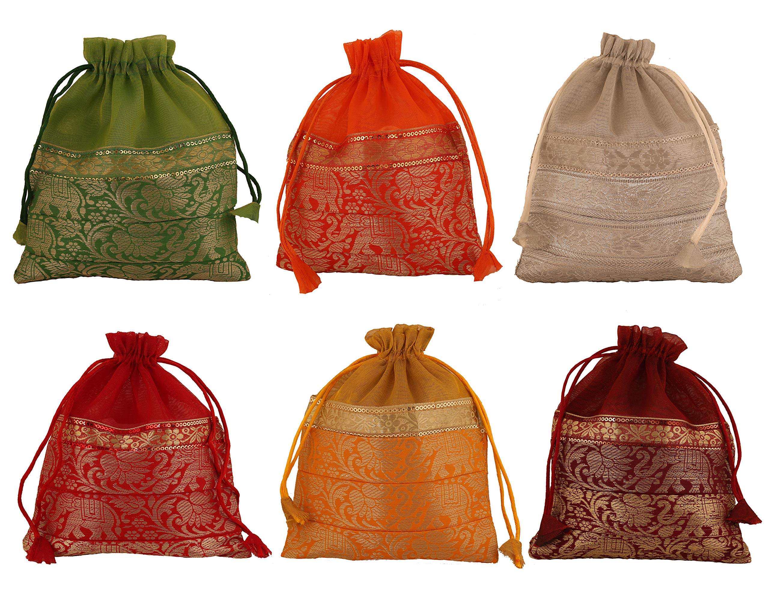 Touchstone New Gorgeous Indian Traditional Paisley Brocade Drawstring Large Bags Pouches Potli For Wedding Gift Jewelry Packaging Bridal Party Favors Assorted Colors Set Of 6 For Women