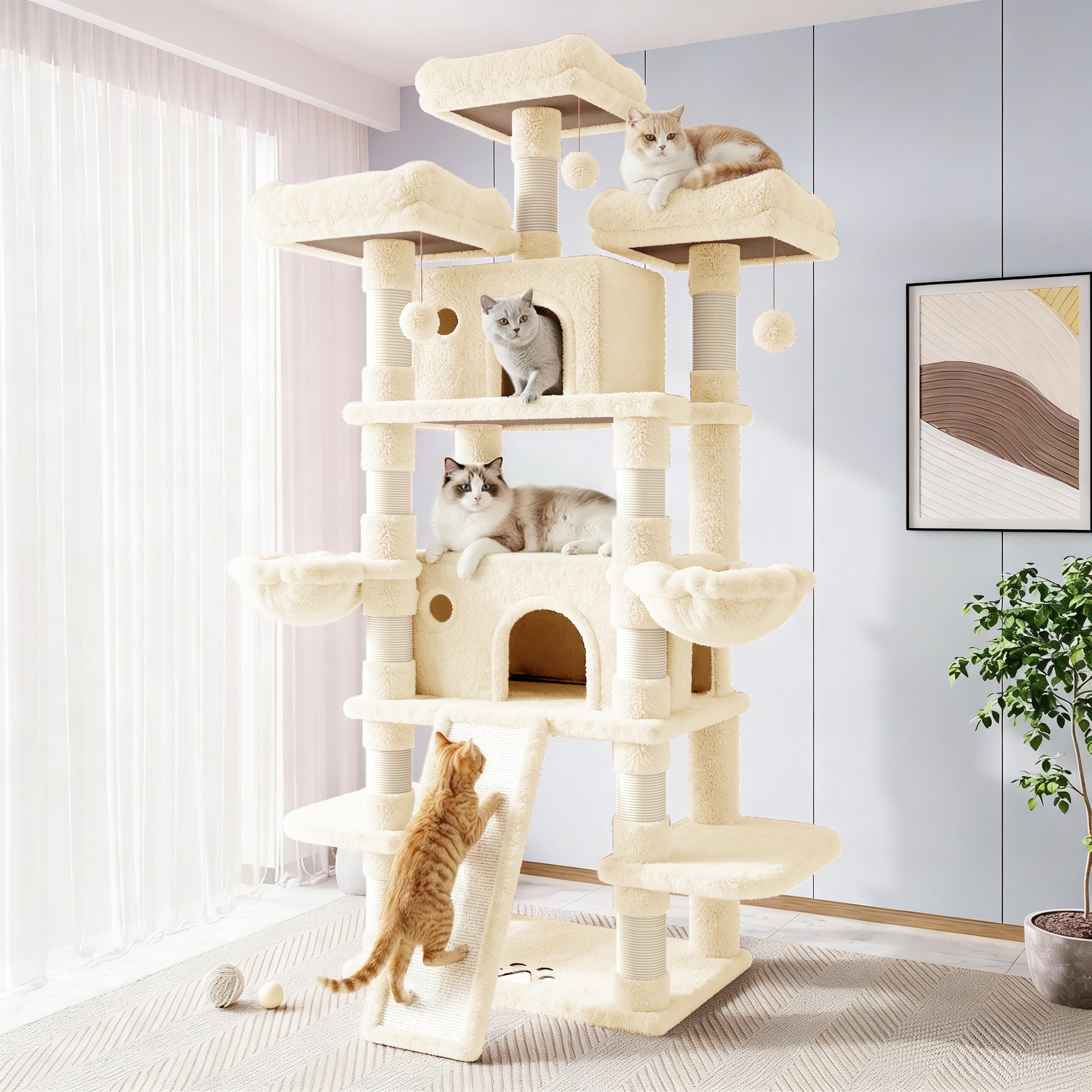 Allewie 82 Inches Large Cat Tree/House/XXL Tall Cat Towers for Big Feline/Scratching Post/Multi-Level Large Kitty Climbing Tree with Condo/Beige Image