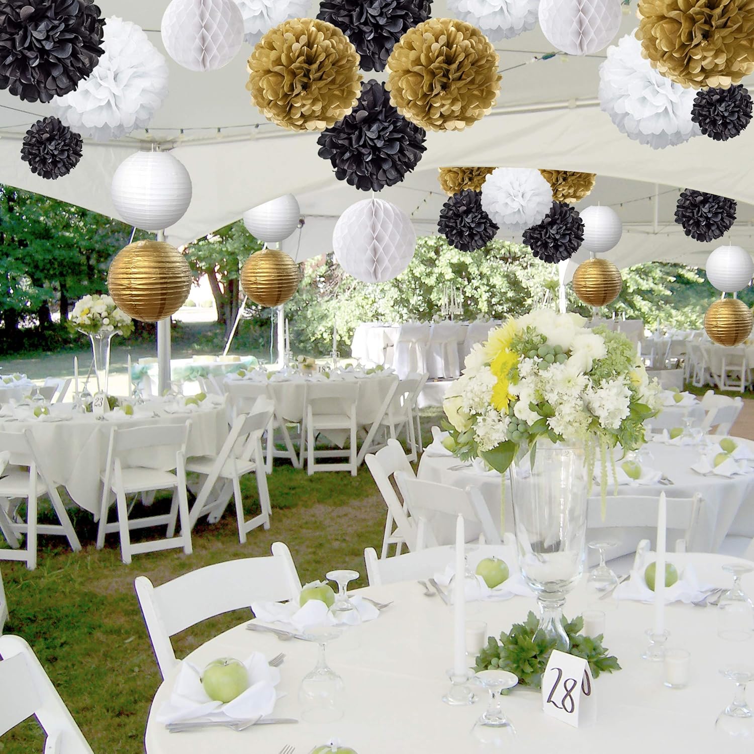 EpiqueOne 22-Piece Party Decoration Kit – Hanging Paper Lanterns, Honeycomb Balls and Tissue Paper Pom Poms for Special Occasions – Easy to Assemble – Colors: Black, Gold and White: Health & Personal Care