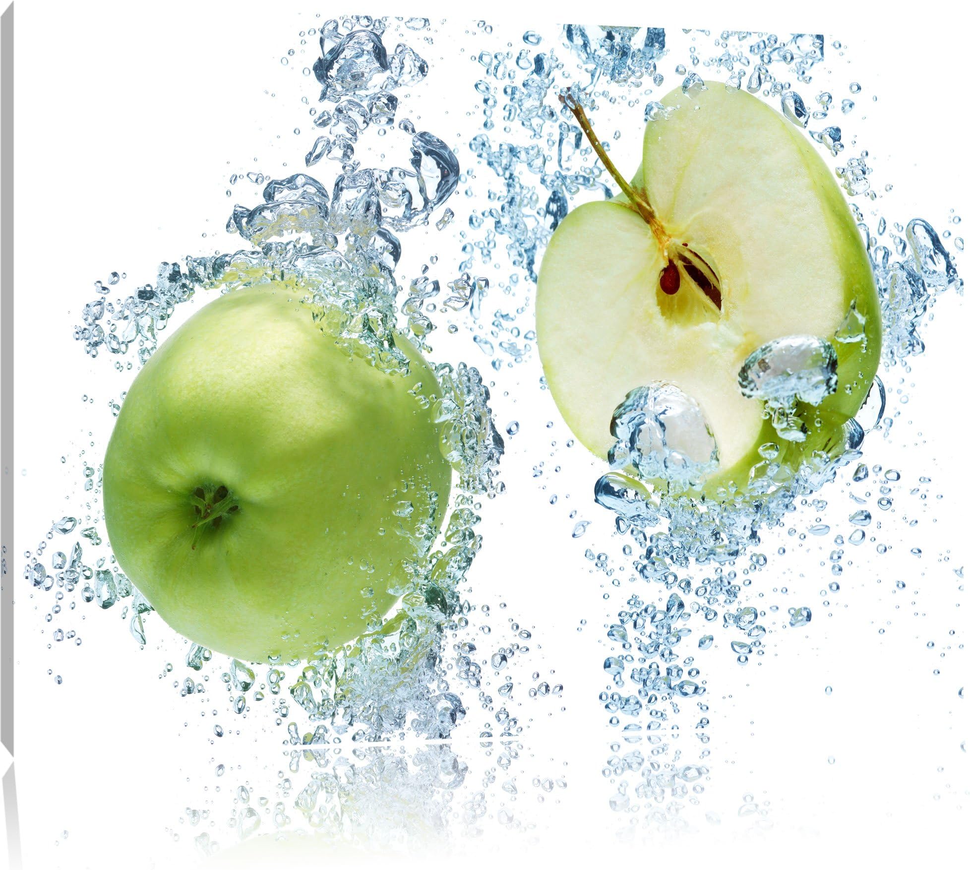 Pixxprint Fresh apple slices in water painting on canvas, XXL Pictures completely framed with large wedge frames, wall art print picture with frame, Leinwand Format:100x70 cm