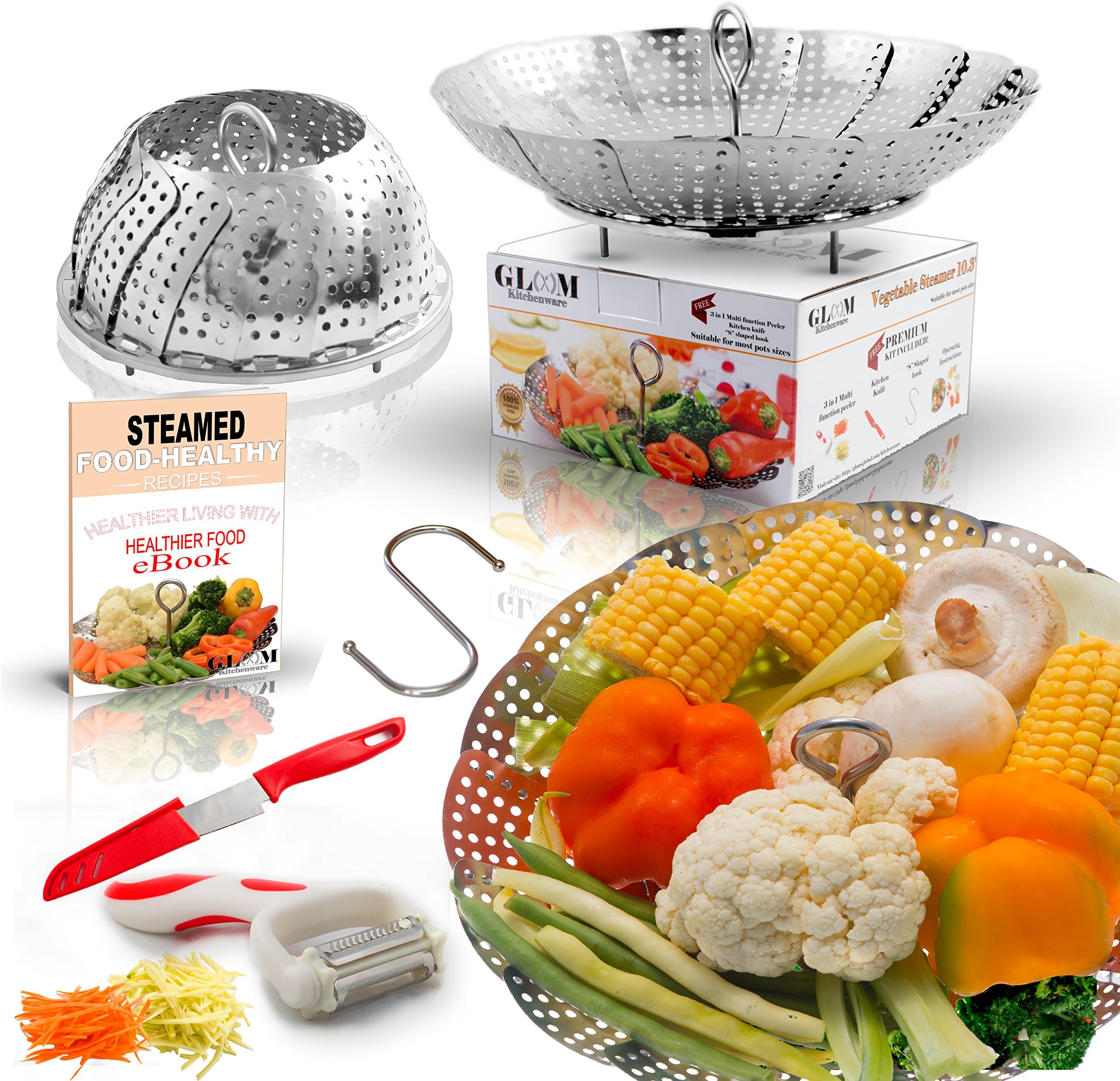 Large Folding Vegetable Steamer Basket insert 100% Stainless Steel, Fits 5/6/8 qt Instapot Electric Pressure Cooker, BONUS TOOLS Safety Tool, Multifunction Peeler, Pairing Knife, Healthy Recipes eBook