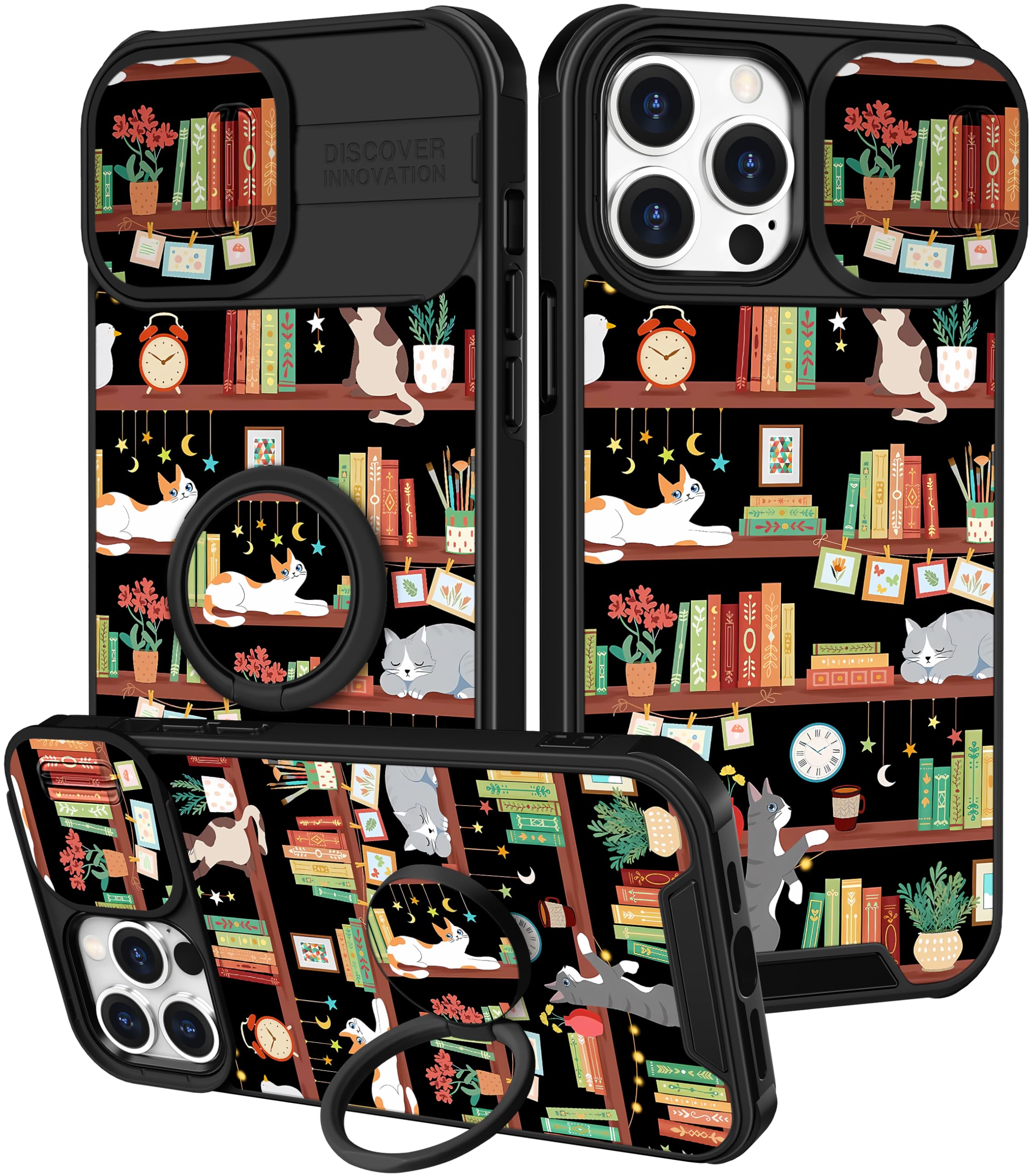 Funermei for iPhone 13 Pro Max Case - Women Girls Cute Phone Cover Girly Pretty Aesthetic Cat and Books Unique Design with Camera Cover Funda for Apple for iPhone 13 Pro Max
