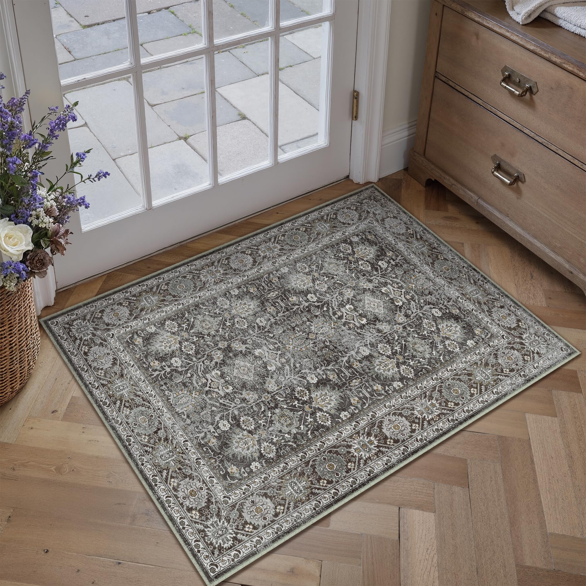 Photo 1 of PureCozy Black Entryway Rug 2x3 Vintage Area Carpet Indoor Kitchen Washable Door Mat Living Room Entrance Small Low Pile Traditional Distressed Retro Accent Throw Rug Non Slip Office Bathroom