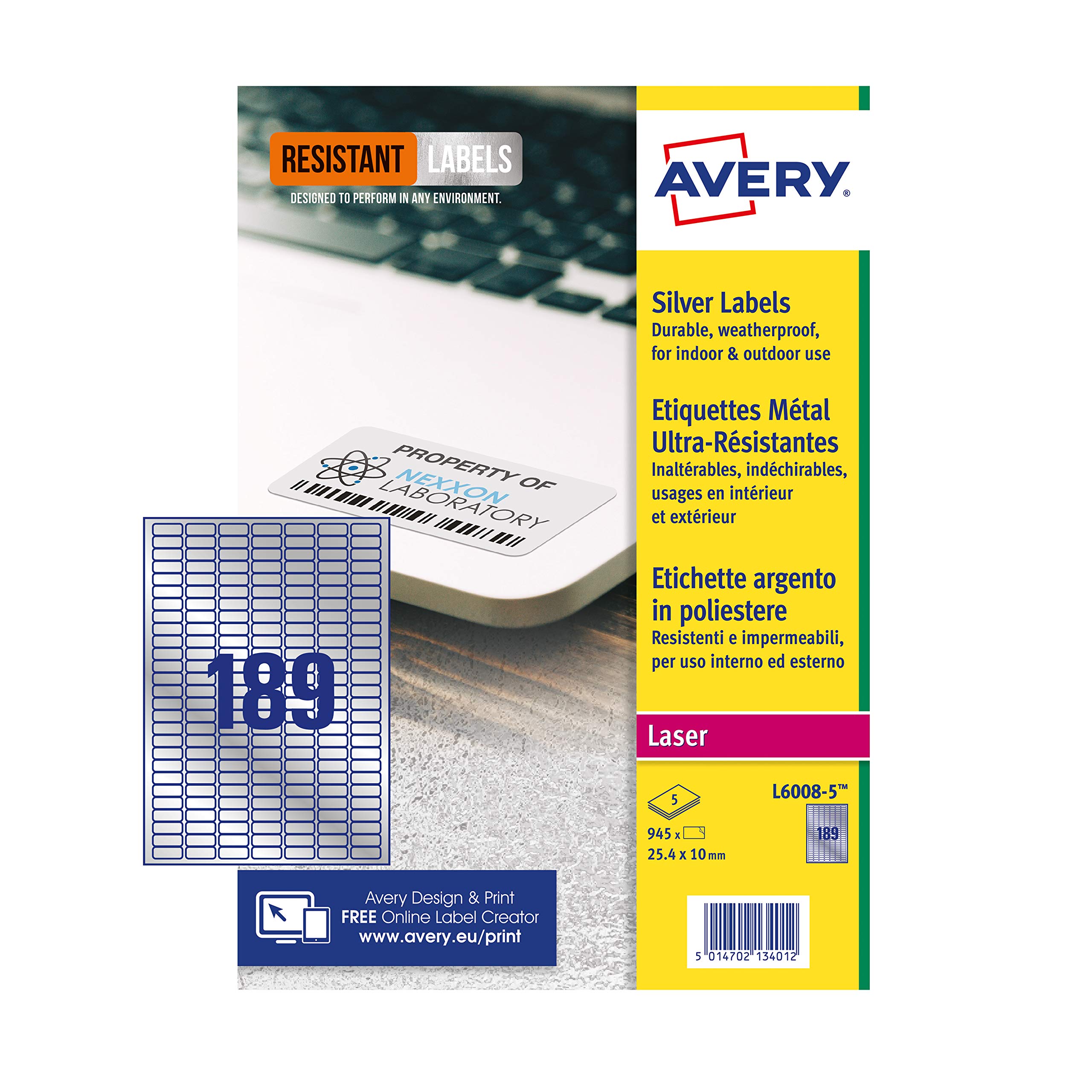 Avery L6008-5 Resistant Labels, Silver (A4 Sheet of 25 x 10 mm, 945 Labels)