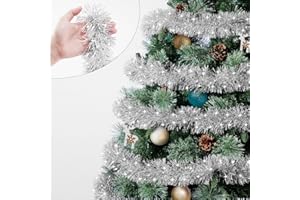 Bestregerd 50 Feet Silver/White Christmas Tinsel Garland, Metallic Hanging Tinsel Streamers Garland for Christmas Decorations, Garland for Christmas Tree Birthday Party Indoor and Outdoor