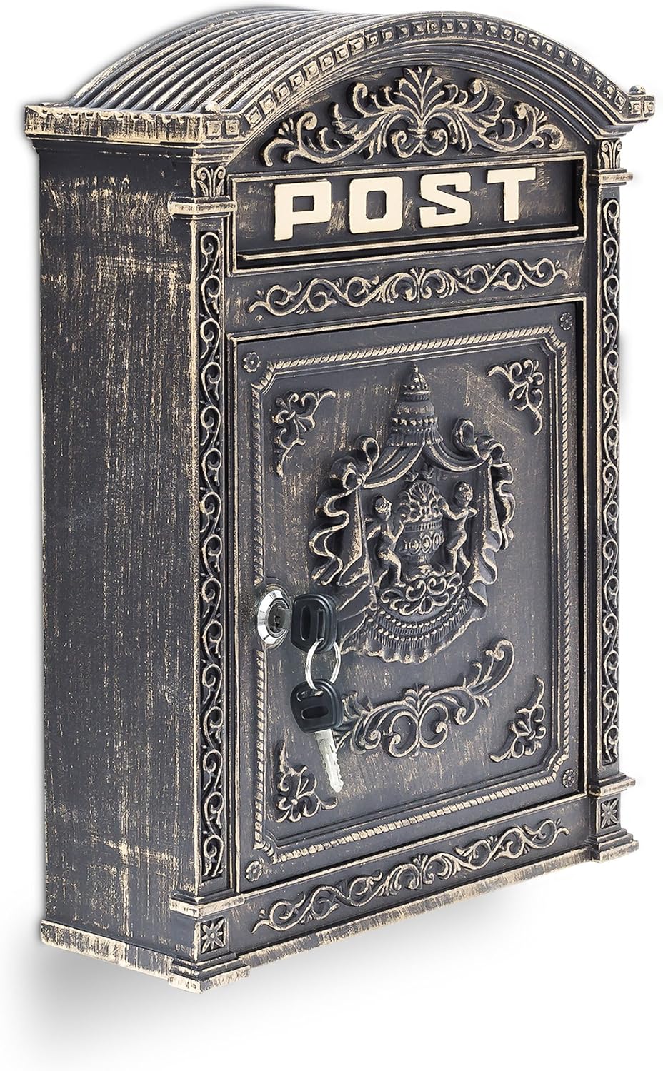 Relaxdays Briefkasten Antik Englischer Wandbriefkasten aus Aluguss mit breitem Briefschlitz für DIN A4 Umschläge HBT: 44,5 x 31 x 9,5 cm nostalgischer Postkasten mit rundem Dach, bronze