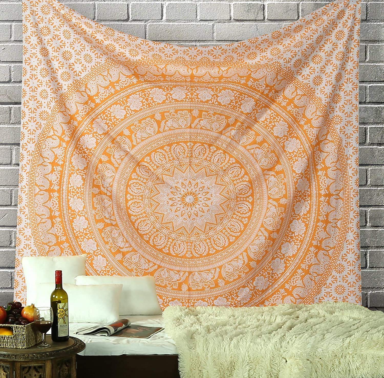 RAJRANG Mandala Cotton Wall Tapestry | Buff Orange Boho Hanging with Elephant Pattern for Bedroom, Home, Dorm, or Outdoor Spaces 213 x 230 cm