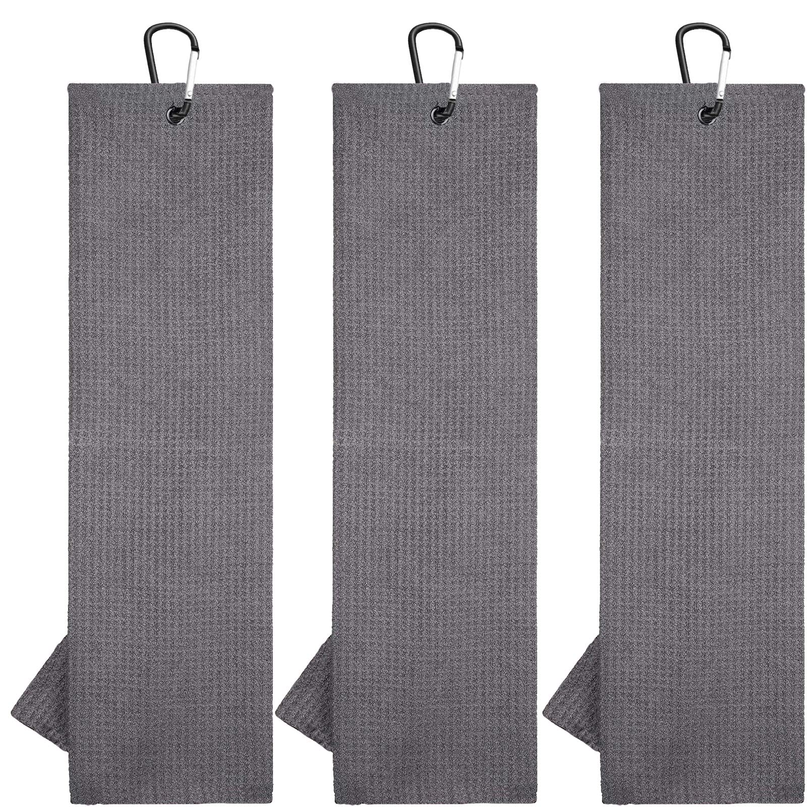 AMRTA 3Pcs Tri-fold Golf Towels Set Microfiber Waffle Pattern Cleaning Towel with Carabiner Clip for Hanging on Golf Club Bag,Water Absorption Quick Dry (Gray, 16 x 24 inch)