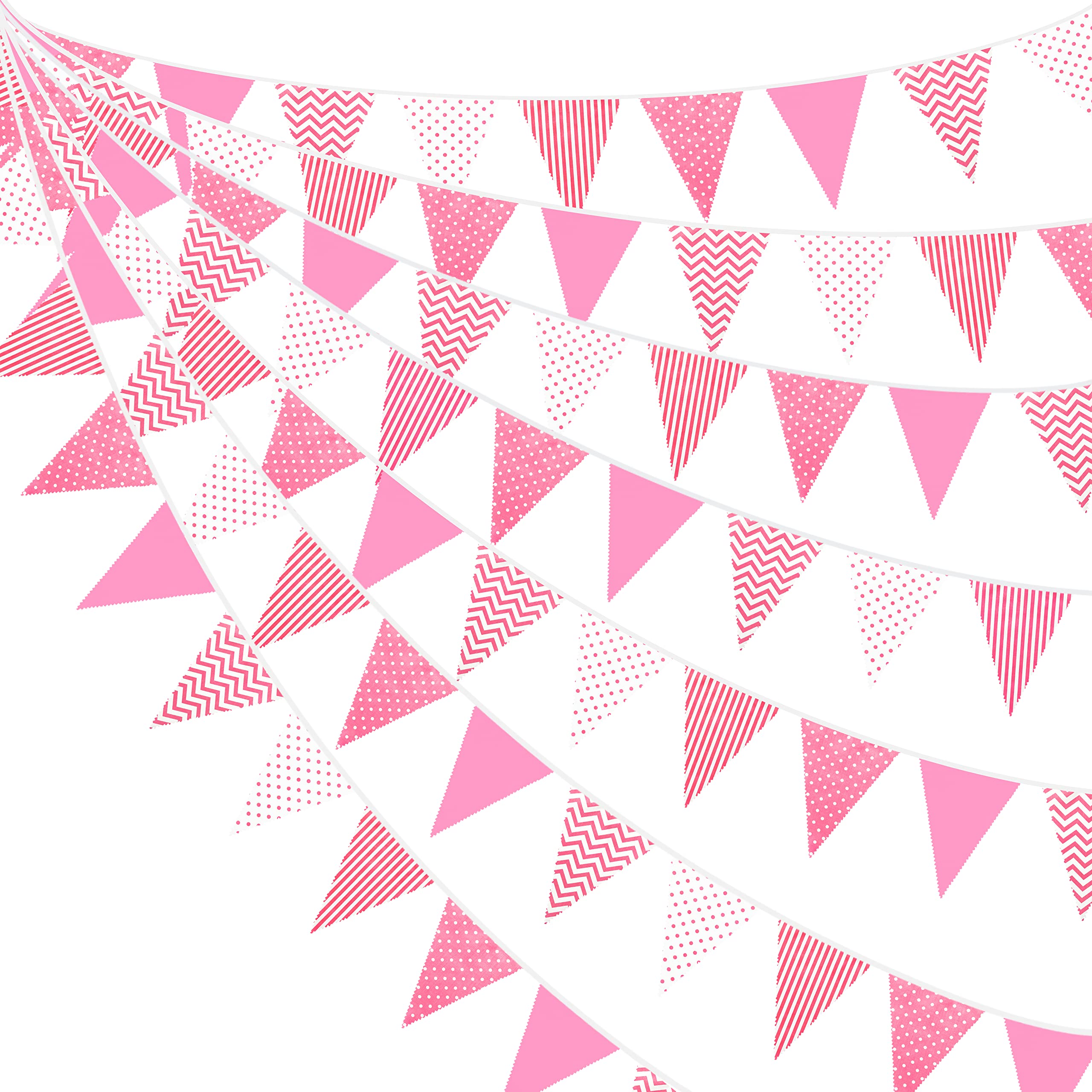 32Ft Pink Dot Stripe Fabric Bunting Banner Party Decorations Triangle Flag Pennant Garland for Wedding Birthday Baby Shower Engagement Hen Party Picnic Carnivals Outdoor Home Garden Festivals Decor