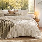 Bedsure Comforters Queen Set Boho, Vintage Plaid Bedding Set Beige 3 Pcs | Checked Farmhouse-Style Bedding Set, Breathable, Comfortable for Bedroom with Pillow Shams, Home Decor Gift for Women, Fluffy