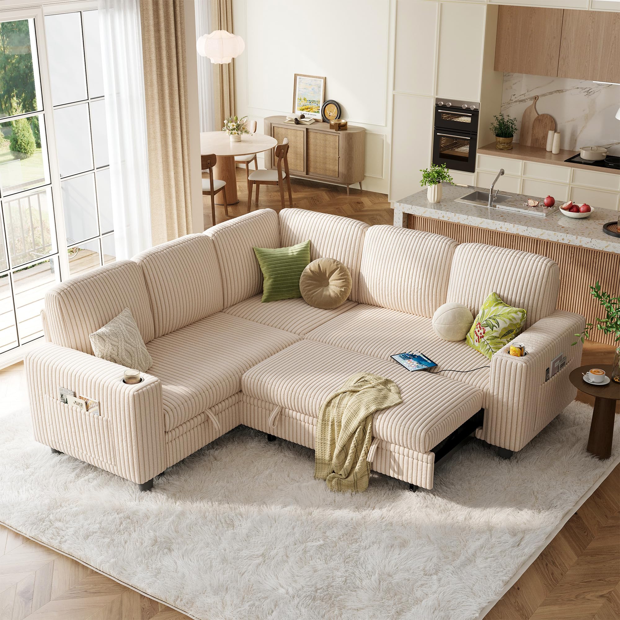 Photo 1 of *PARTIAL SET - See Clerk Notes*
LINSY HOME Sectional Sleeper Sofa with Pull Out Couch Bed - Convertible Plush Corduroy Cloud Couch with Storage Chaise & USB Charging, Comfy L Shaped Modular Couches for Living Room Apartment, Beige