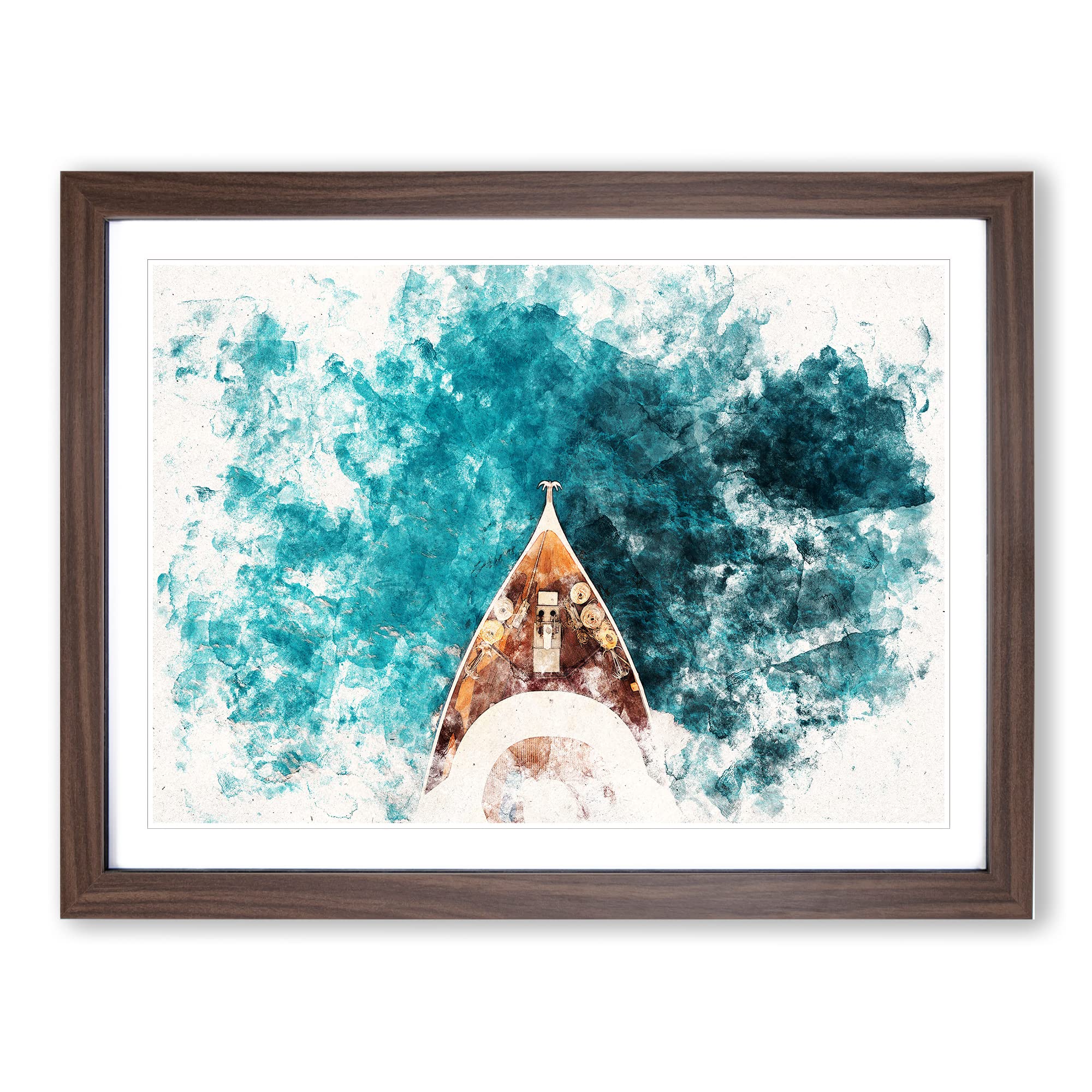 Boat Deck In The Maldives Watercolour Modern Framed Wall Art Print, Ready to Hang Picture for Living Room Bedroom Home Office Décor, Walnut A4 (34 x 25 cm)