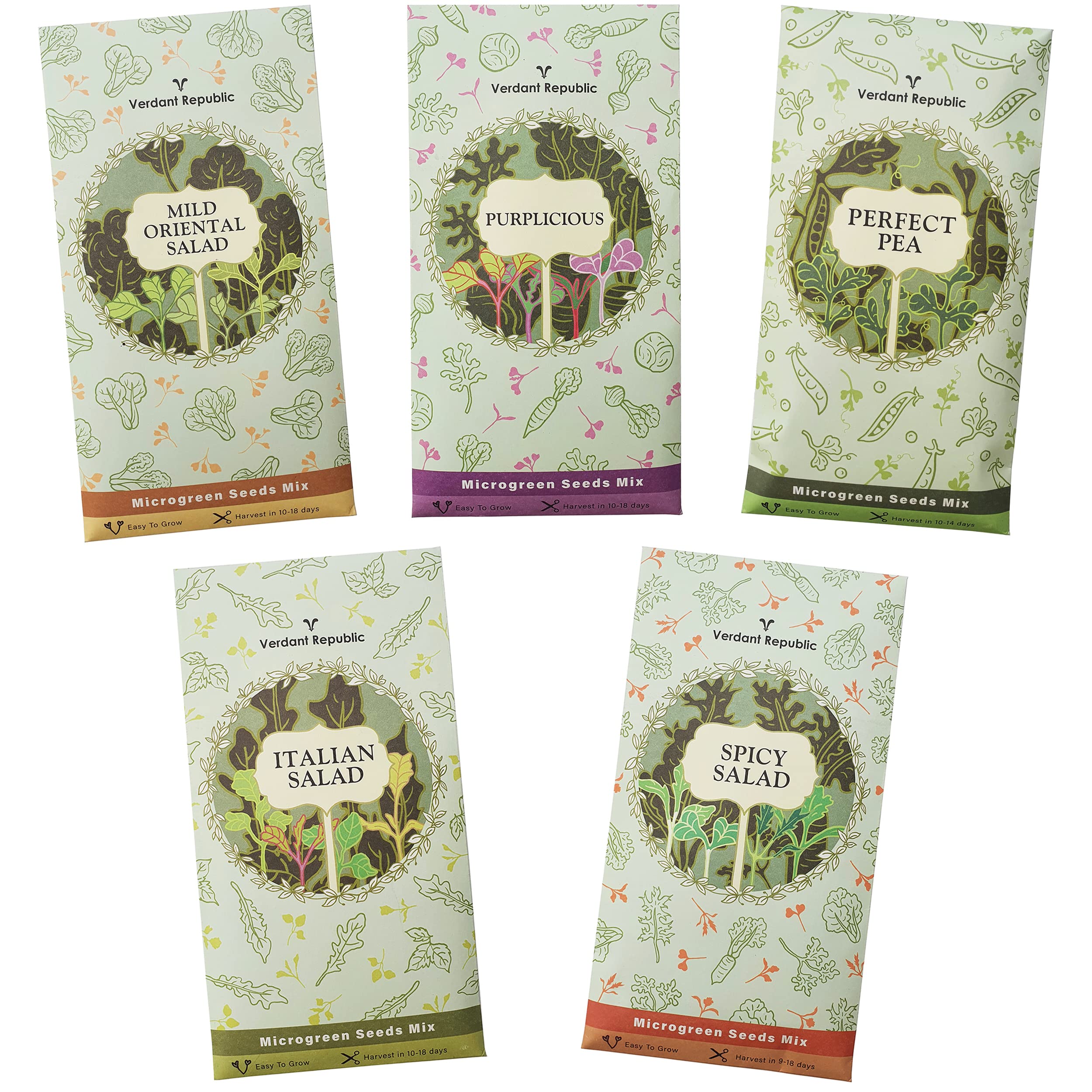 Verdant Republic Microgreens Salad Seeds Mix | Green Collection- 5 Seeds Mix Packs | High Germination & Easy to Sprout | Over 16 Vegetable & Herbs incl Pea, Broccoli, Red Cabbage