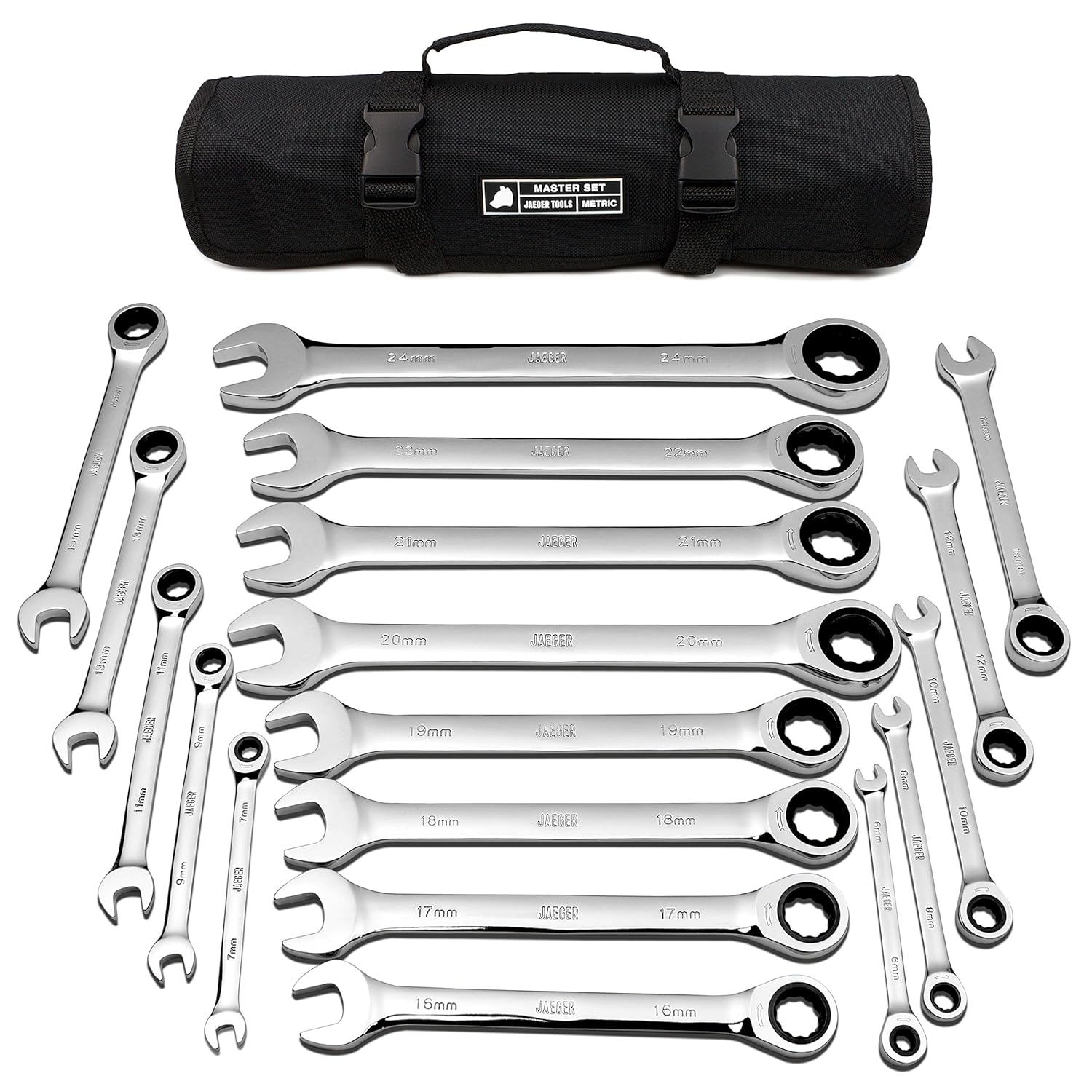 18pc MM/Metric TIGHTSPOT Ratcheting Wrenches MASTER SET - With BEAR KEEPER Rollup Case - Our standard in safety for combination wrench sets from gear to tip