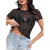 Haianguoji Women's Sheer Mesh Printed T-Shirt See Through Short Sleeve Tops Lightweight Stretch Transparent for Layering