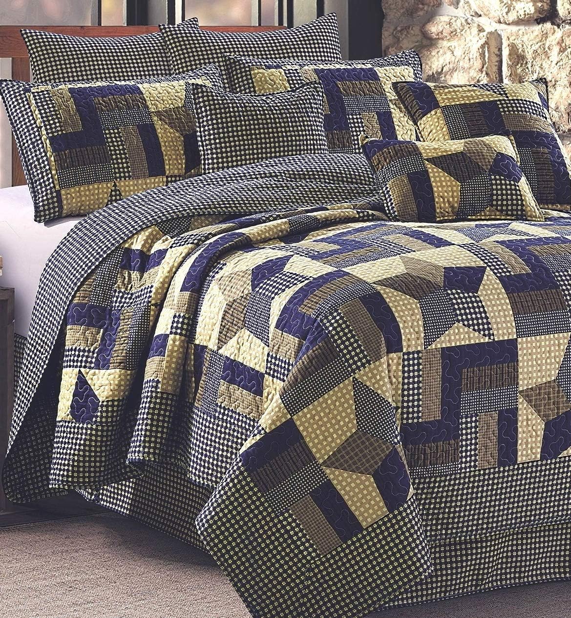 Rustic Blue and Brown Farmhouse Primitive Woodland Star 3pc Full/Queen Size Quilt Set