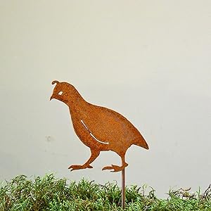 Elegant Garden Design Quail Chick with Head Up Stake, Steel Silhouette with Rusty Patina