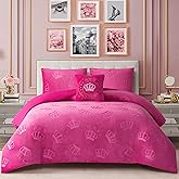 Juicy Couture Plush Reversible Embossed Crown 4-Piece Full/Queen Comforter Set with Decorative Pillow, Hot Pink