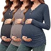 Oakgarden 3 Pack Women's V Neck Maternity Sweaters Long Sleeve Shirts Clothes Pregnancy Henley Tops Ribbed Side Ruched Tunic
