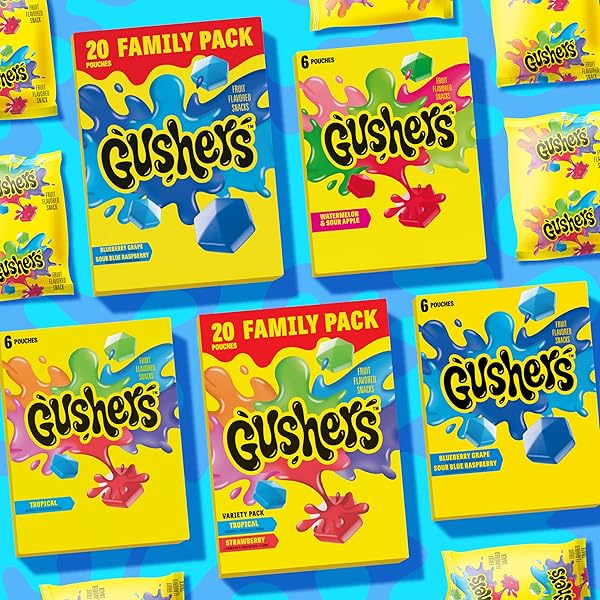 GUSHERS FRUIT FLAVORED SNACKS, BLUEBERRY GRAPE, SOUR BLUE RASPBERRY, 6 POUCHES, 4.8 OZ
