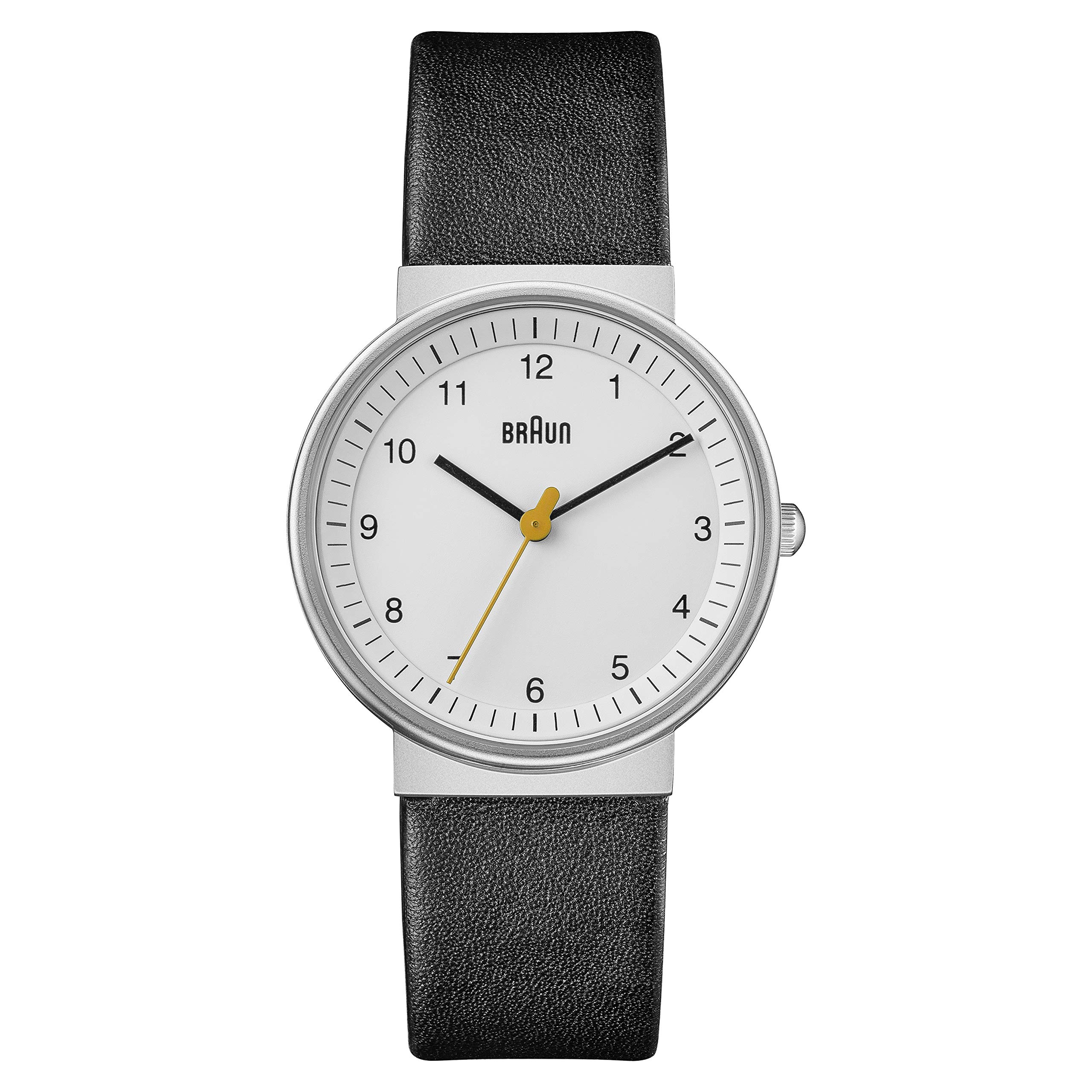 Braun Womens 3-Hand Analogue Quartz Watch, White Dial and Black Leather Strap, 33mm Stainless Steel Case, Model BN0031WHBKL.