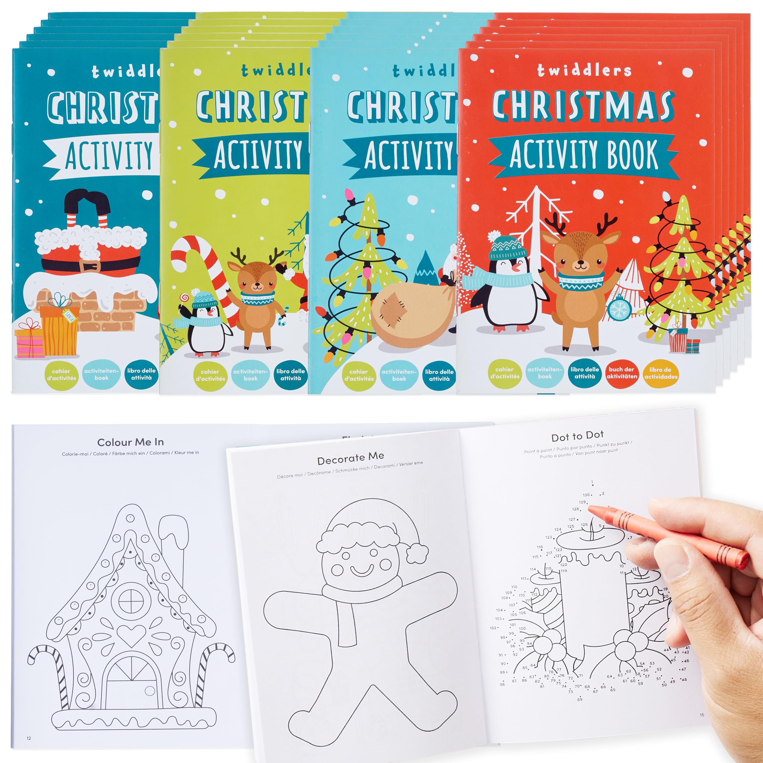 THE TWIDDLERS 24 Pack Mini Christmas Activity Books, A6 Paper Size - Including Colouring, Puzzles and Games, Suitable for Xmas Stocking Fillers and Classroom Prizes