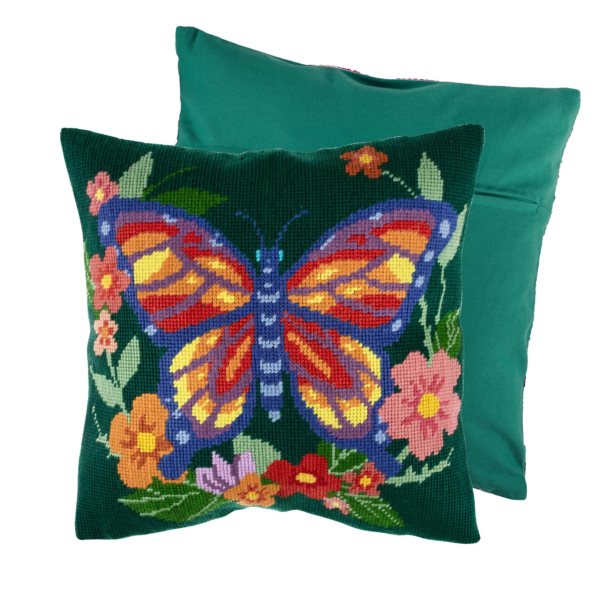 Trimits Half Stitch Cross Stitch Cushion Kit, Cushion Back Included, Pre Printed Canvas, Yarn and Needle Included 40 x 40cm (15.75 x 15.75in), Flutterby