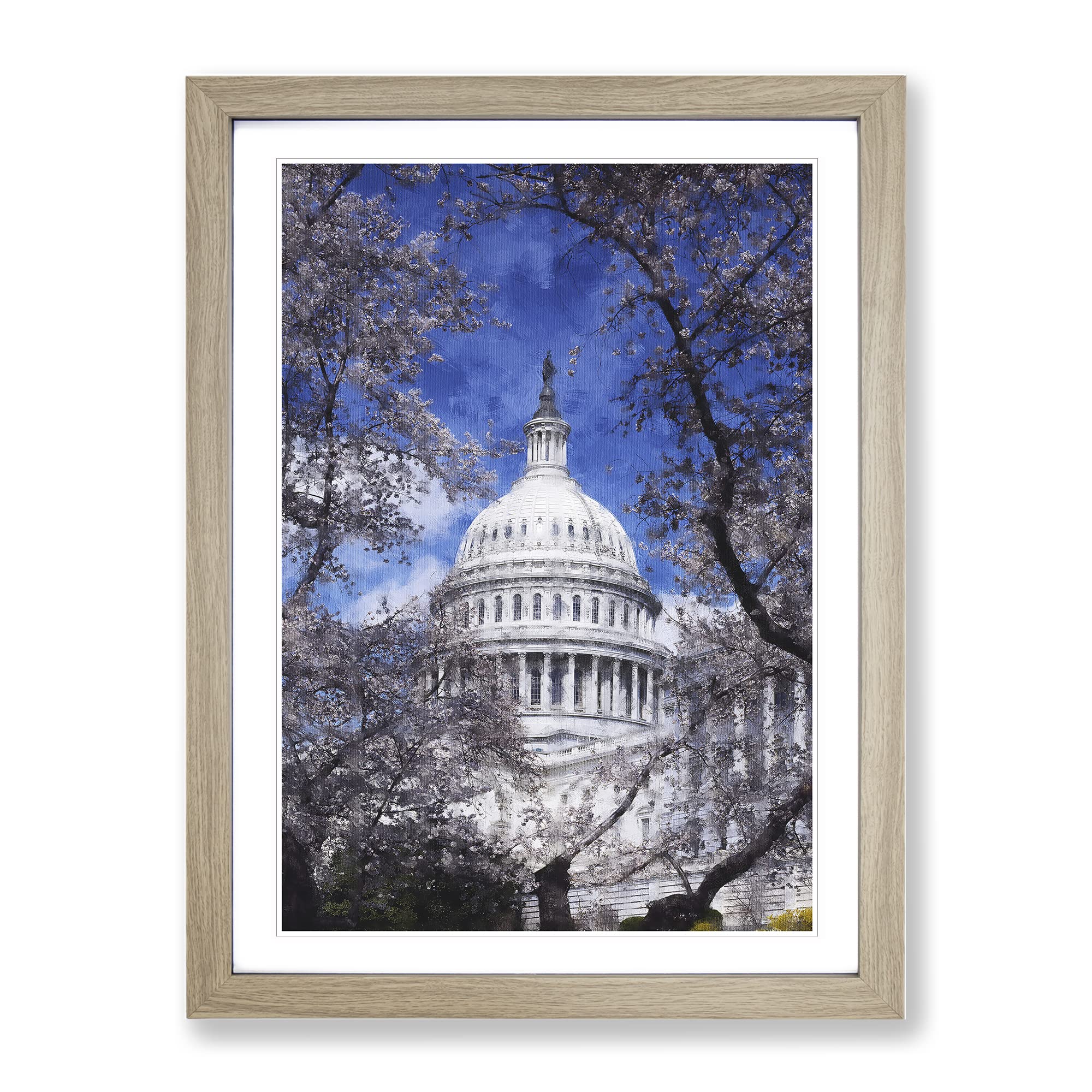 Capitol Hill & Cherry Blossom Tree Painting Modern Framed Wall Art Print, Ready to Hang Picture for Living Room Bedroom Home Office Décor, Oak A3 (34 x 46 cm)