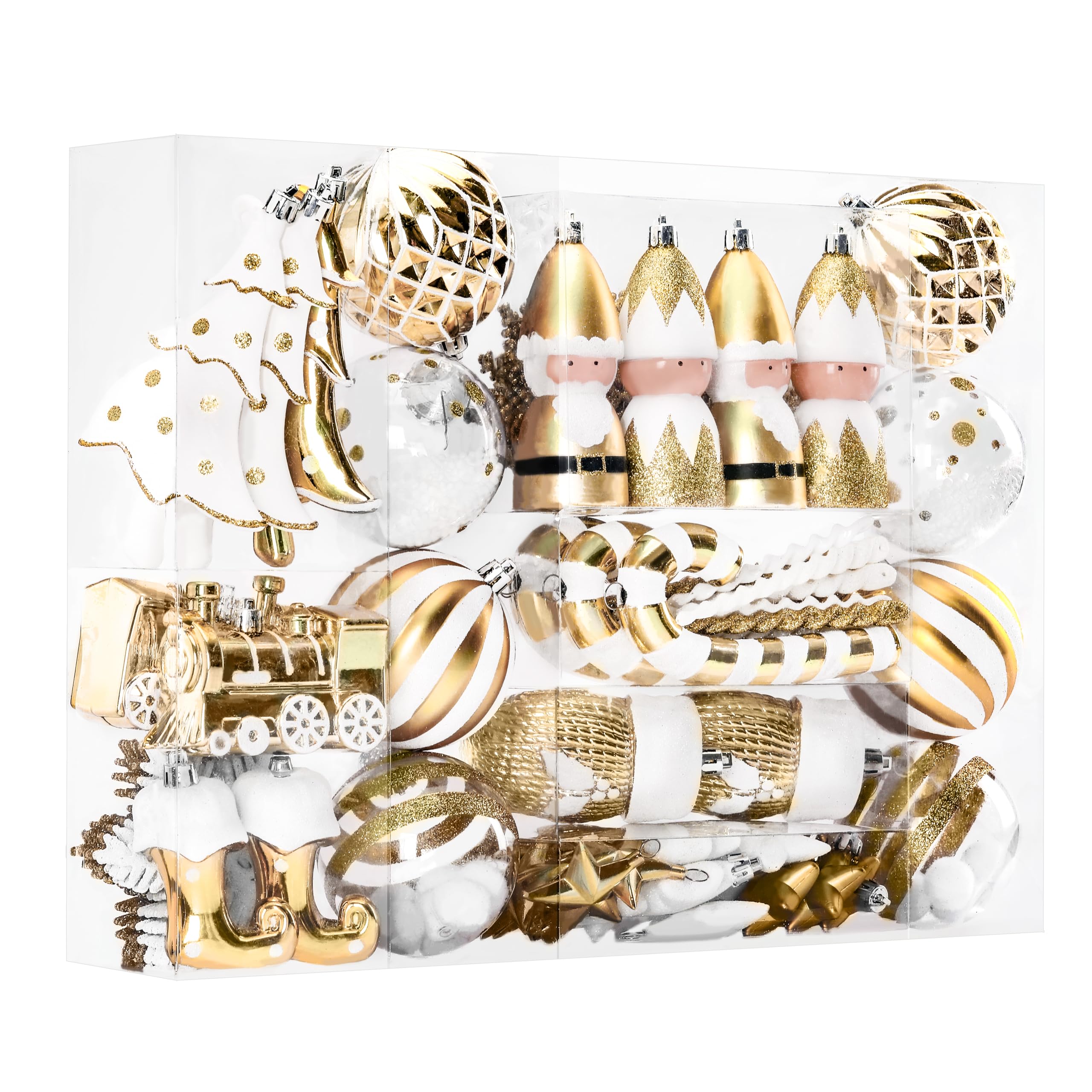 Photo 1 of Alupssuc 95pcs Christmas Balls Ornaments Set, Shatterproof Plastic Baubles, Soldiers, Christmas Socks for Xmas Tree Holiday Wedding Party Decorations with Hanging Strings, Gold and White