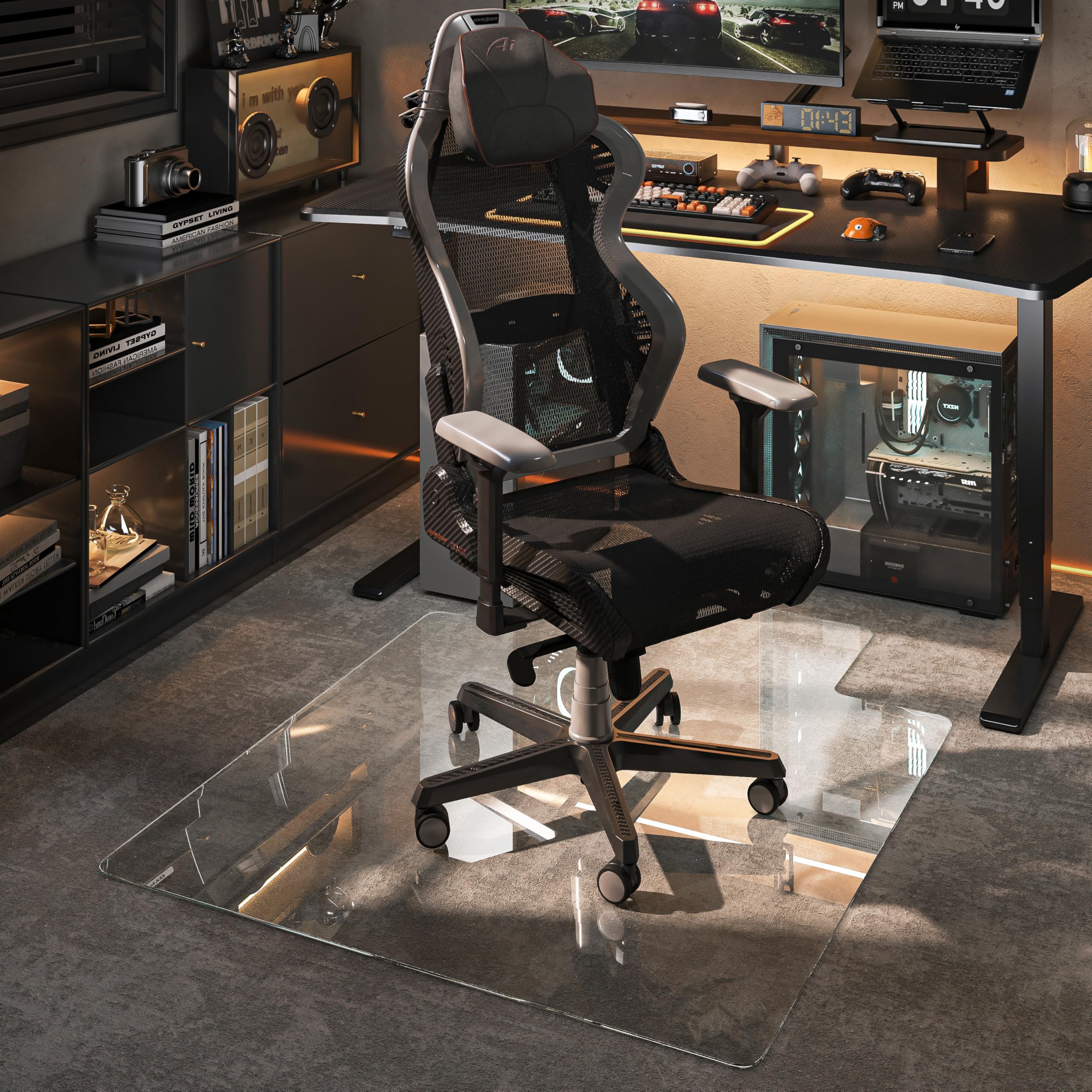 Photo 1 of [Tempered Glass] 46“x36” Irregular Glass Chair Mat with Polished Edge Clear Office Chair Mat, Glides Smoothly, Suitable for Carpet or Hardwood Floors