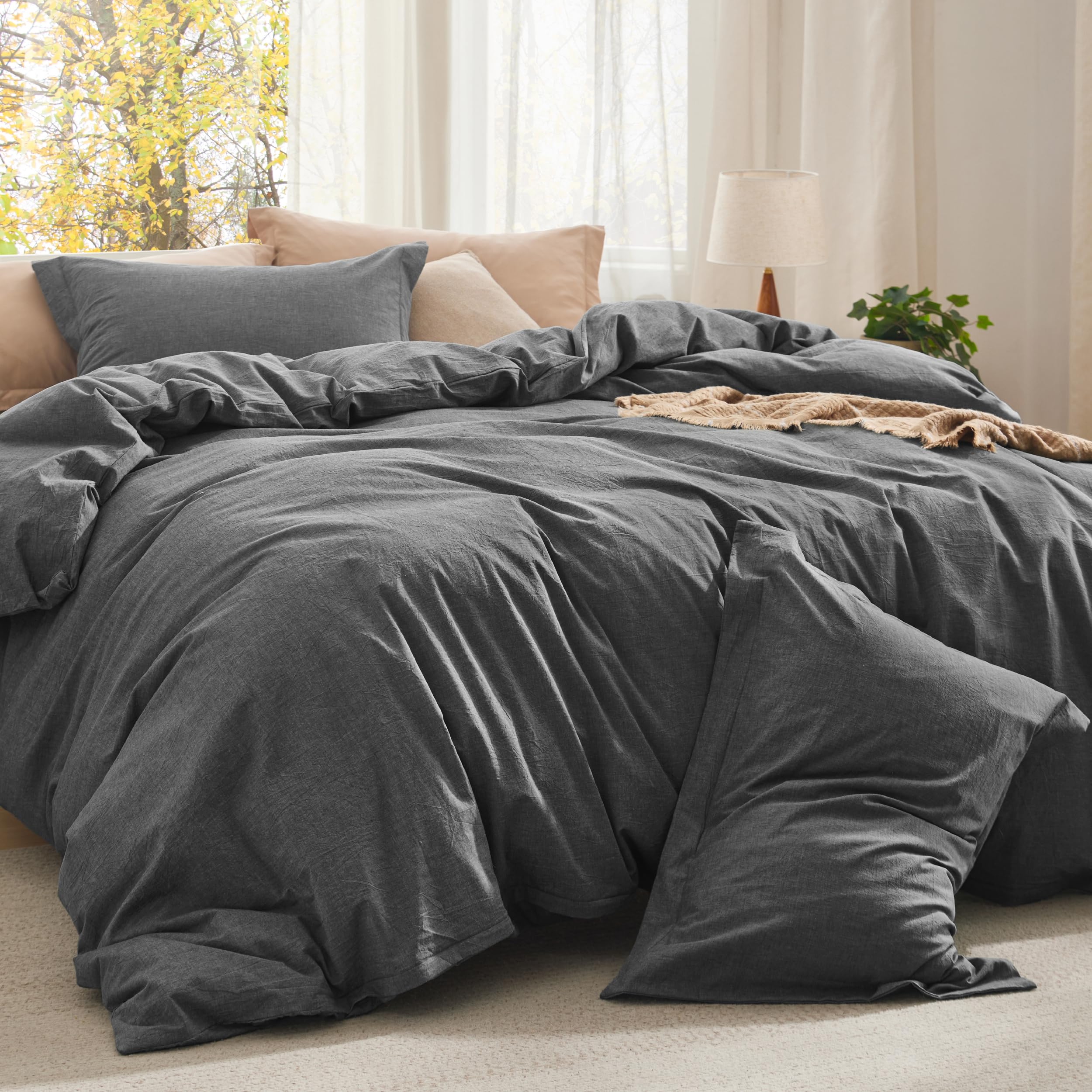 Photo 1 of Bedsure Comforter Set King Size - Cotton Fabric with Microfiber Inner Fill, Dark Grey Soft Bed Set for All Seasons, 3 Pieces, 1 Comforter (104" x 90") and 2 Pillow Cases (20" x 36")
