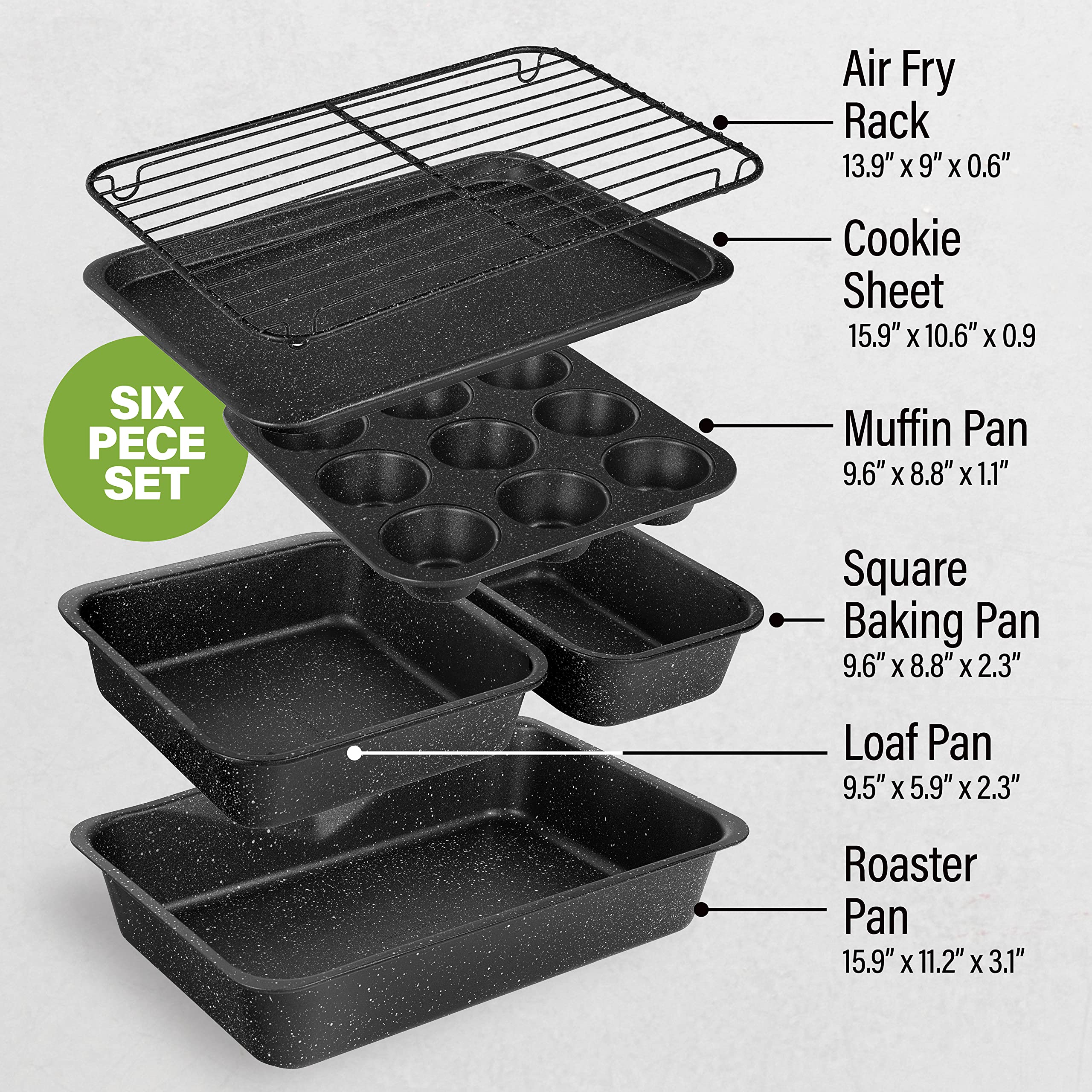 Granitestone Black 5 Pc Nonstick Bakings Pans Set With Cookie Sheet, Loaf Pan, Muffin Pan and Cake Pans, 0.8MM Gauge Alumized Steel, Bakeware Sets, Oven and Dishwasher Safe