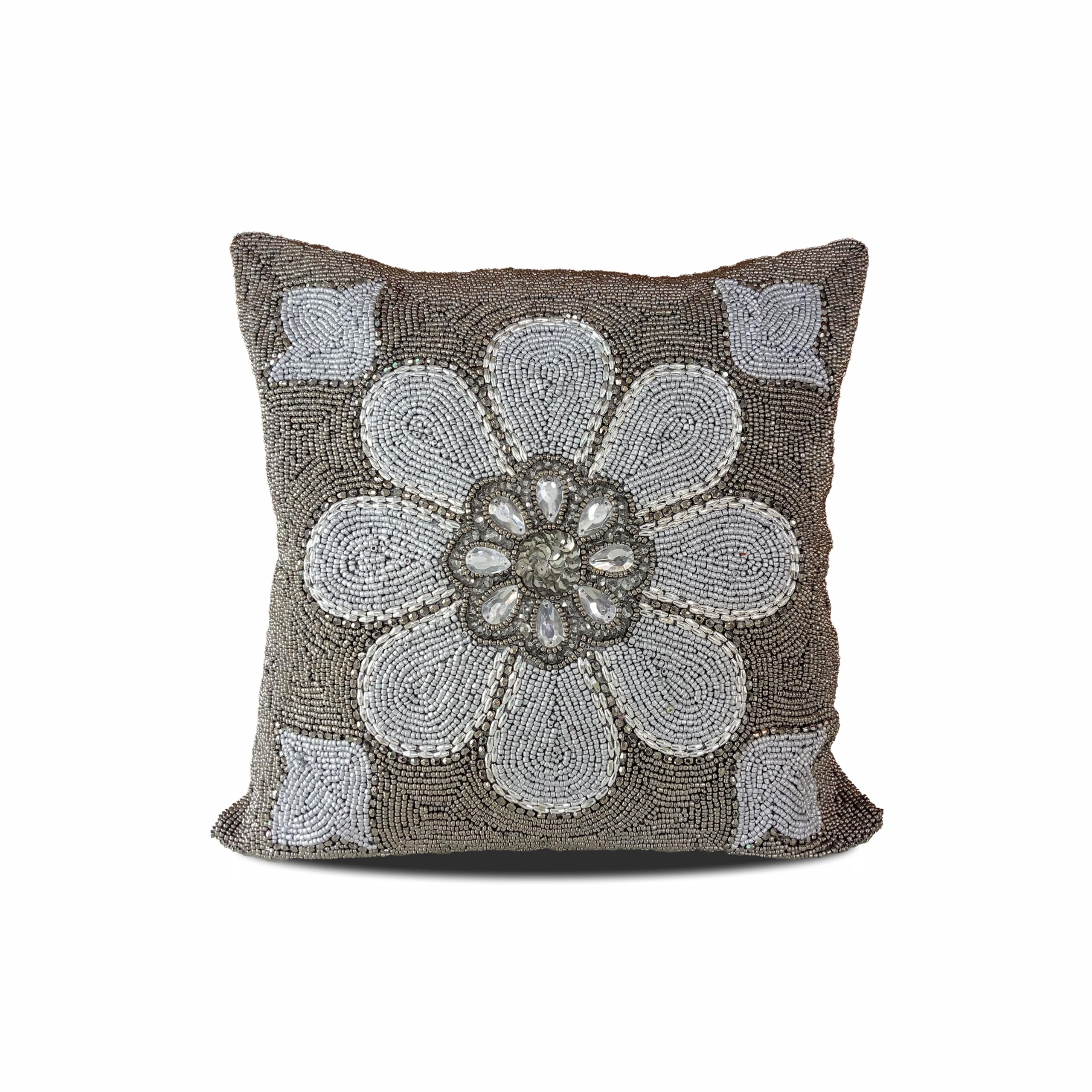 GFI LINEN CLUBS Beaded Decorative Square Cushion Cover - 14X14 - Silver Grey, Luxury Pillow Cases for Christmas/New Year, Premium Blend Style Home Decor Accessories