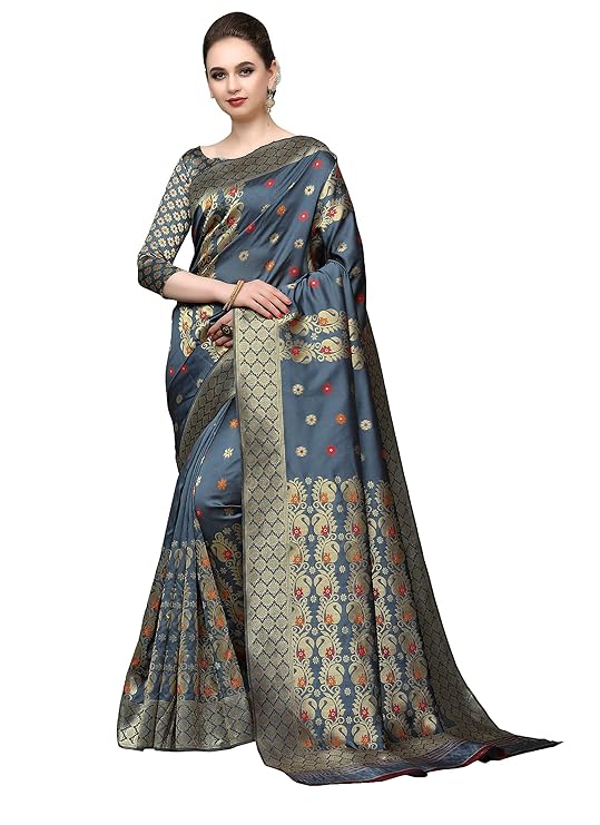 Women's Kanjivaram Cotton Silk Blend Saree With Unstitched Blouse Piece