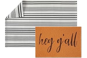Maasechs 2 Pcs Hey Y'all Doormat 24'' x 35'' Black White Stripes Outdoor Rug and 24'' x 16'' Hey Yall Coir Doormat Welcome Mat Non Slip Floor Mat for Outside Entrance Front Porch(Hey Y'all)