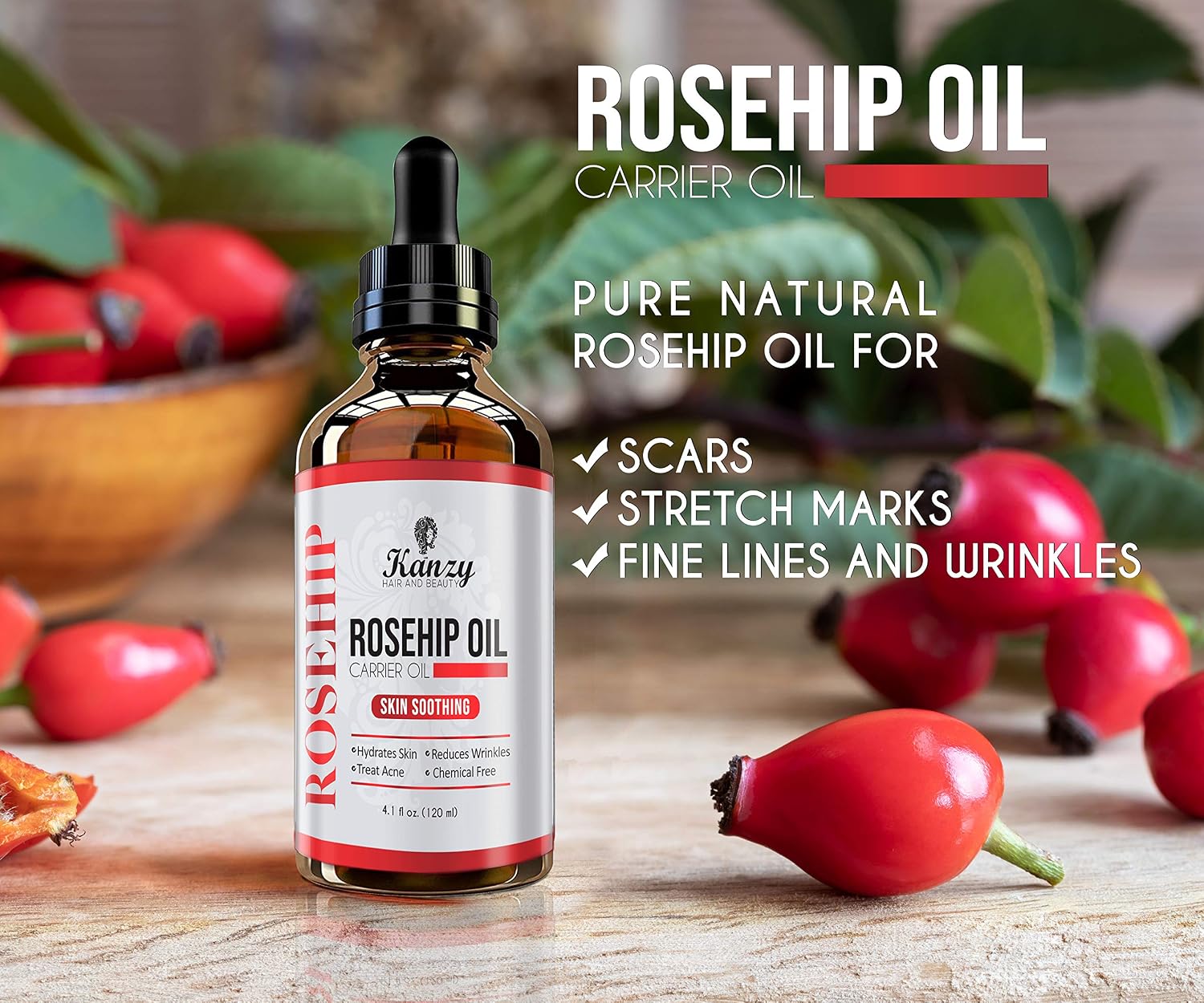 Kanzy Rosehip Oil for Face 120ml Rosehip Oil Cold Pressed Rose Hip Oil for Face 100% Pure Vegan Cruelty Free for Skin Hair - Image 5