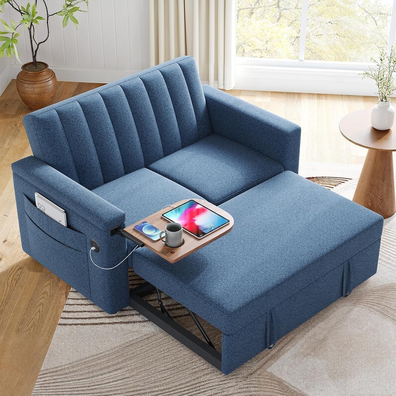 Photo 1 of *PARTIAL SET*  Marsail 3-in-1 Convertible Sofa Bed, 54" Sleeper Sofa with Solid Wood Side Table & Frame, Pull-Out Couch with USB Ports & Side Pockets, Loveseat Sofa with Adjustable Backrest, Blue