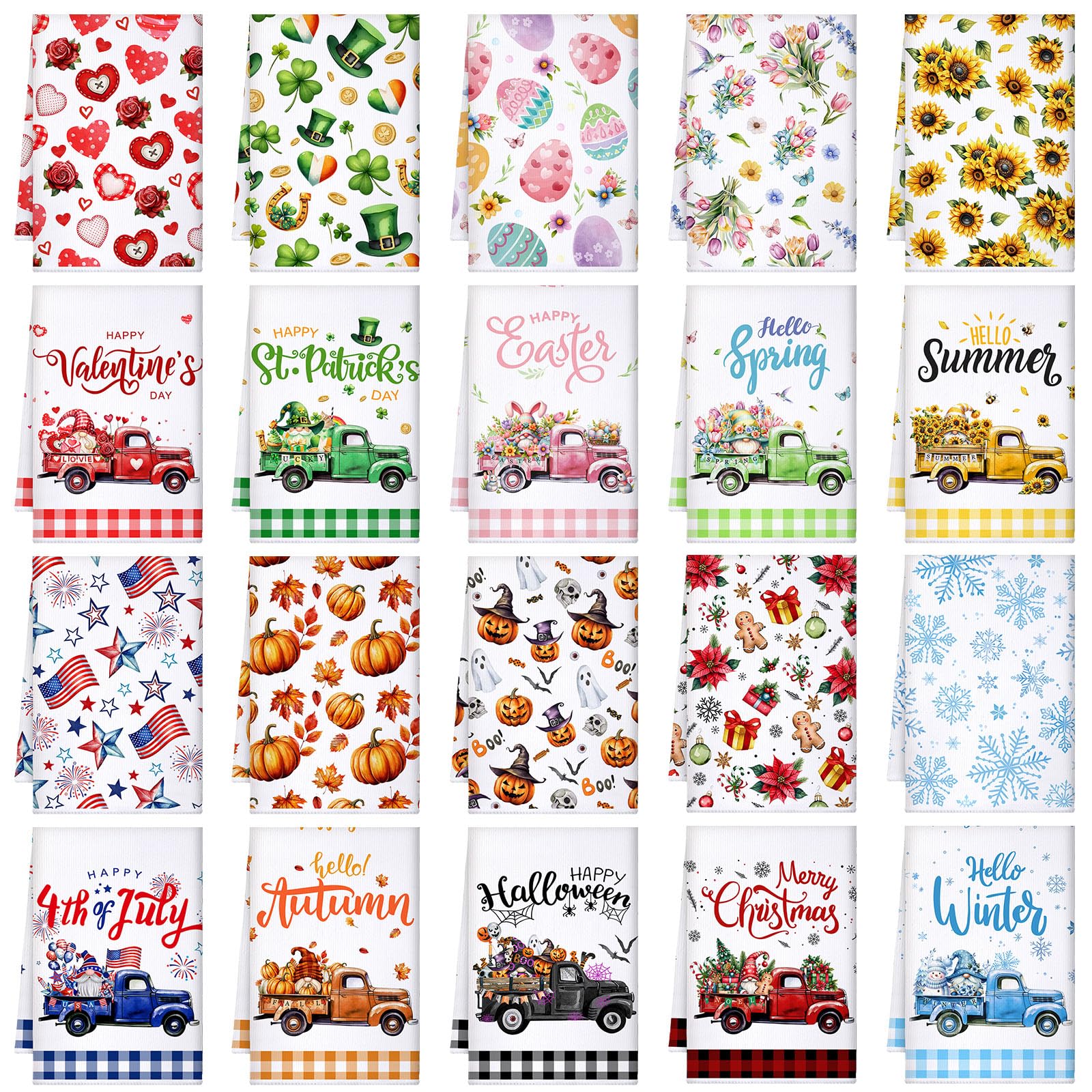 Photo 1 of FuWeave 20 Pcs Holiday Kitchen Towels Seasonal Decorative Hand Towels Set Christmas Dish Cloths Winter Valentine's Day 16 x 24 Colorful Wash Cloths with Hanging Loop(Truck)