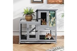 COZIWOW Rabbit Hutch Indoor with Wire Bottom, 2-Level Large Wooden Bunny Cage on Wheels Outdoor for Multiple Small Animals, Grey + Colorful Patterns