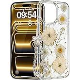 Pretaco for iPhone 16 Pro Case, [Real Daisy White Flower & Gold Foil][with Luxury Bracelet Wrist Strap] Floral Design, Clear Soft TPU for Women and Girls