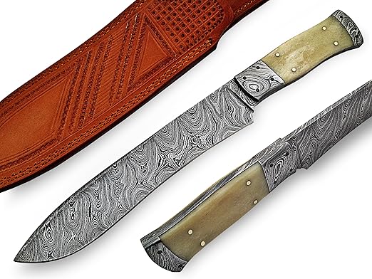 King Custom Damast Bowie Messer Jagdmesser mit Lederscheide
