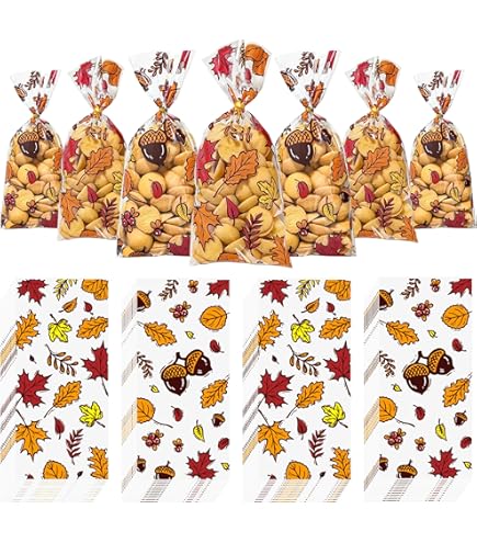 50 Pcs Thanksgiving Cellophane Treat Bags - Fall Party Favor Bags With Twist Ties