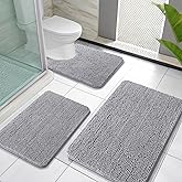 OLANLY Bathroom Rugs Sets 3 Piece, Soft Absorbent Chenille Bath Mats and U-Shaped Contour Toilet Rug, Quick Dry, Home Decor Accessories, Bath Mat Set for Bathroom (30"x20"+24"x16"+24"x20", Grey)