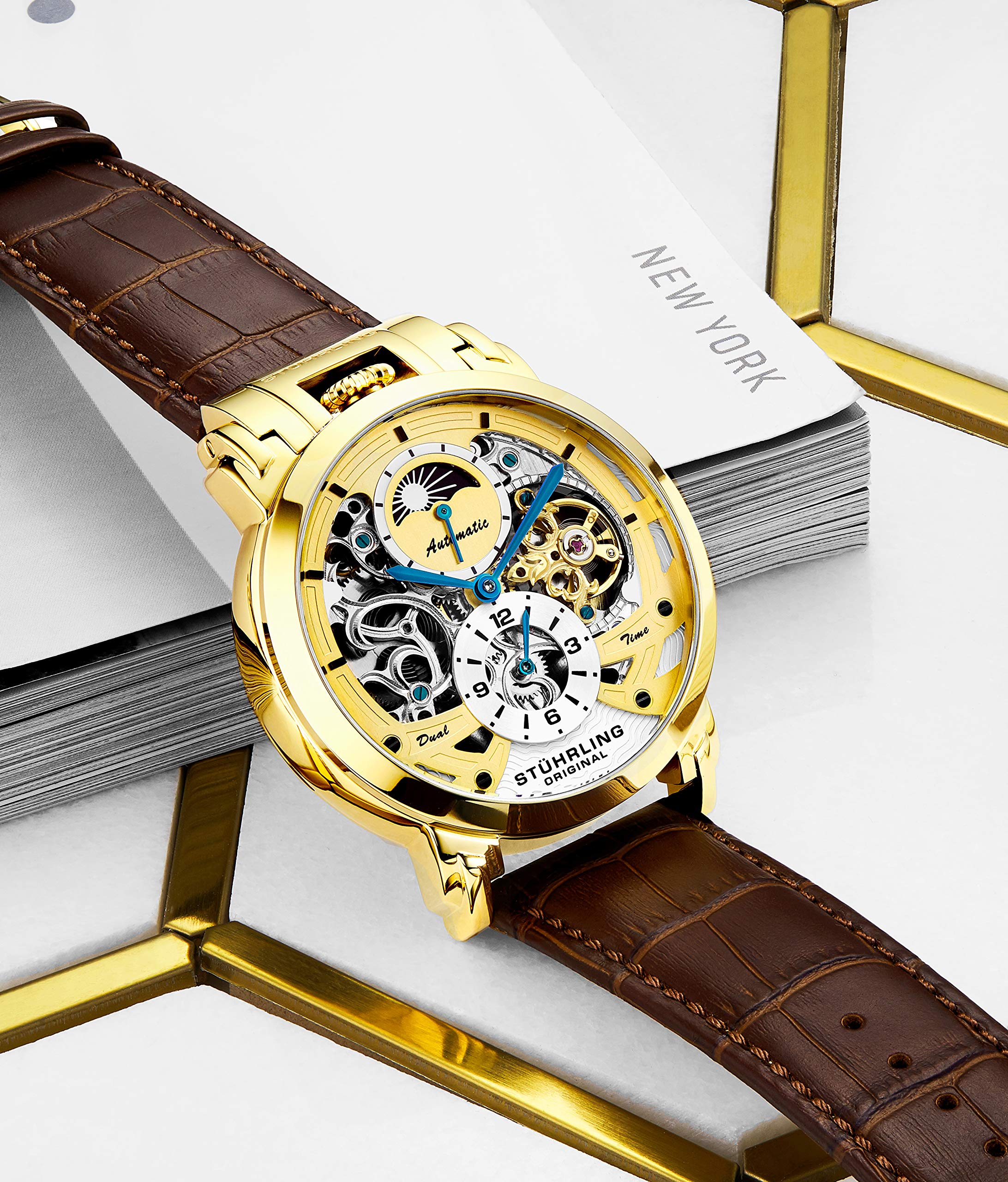 Stuhrling Orignal Mens Watch Automatic Watch Skeleton Watches for Men - Leather Luxury Dress Watch - Mechanical Watch Stainless Steel Case Self Winding Analog Watch for Men