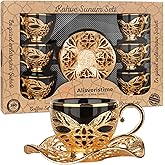 Alisveristime Turkish Coffee Set for Six, 6 Black Porcelain Cups with Gilded Rims, Zamac Holders and Saucers, Two Color Variations: Gold and Silver (Gilded-Design) (Gold)