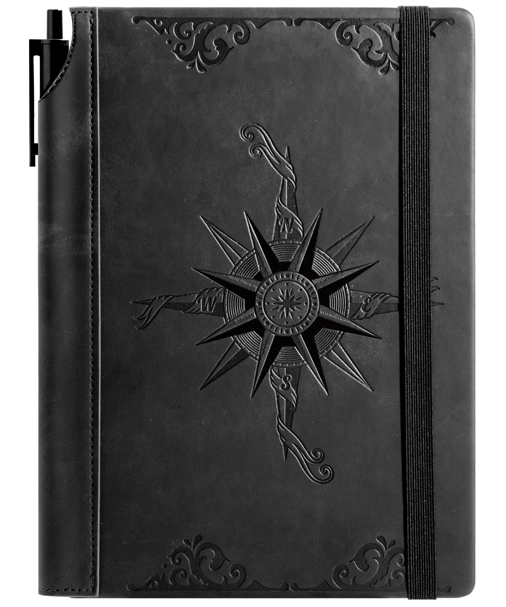 CAGIE Compass Leather Notebook Journal for Men, 100 GSM 288 Pages Lined Journals for Writing, A5 Hardcover Journaling Notebooks Gifts Set with Pen for Travel Office Daily Writing, Black