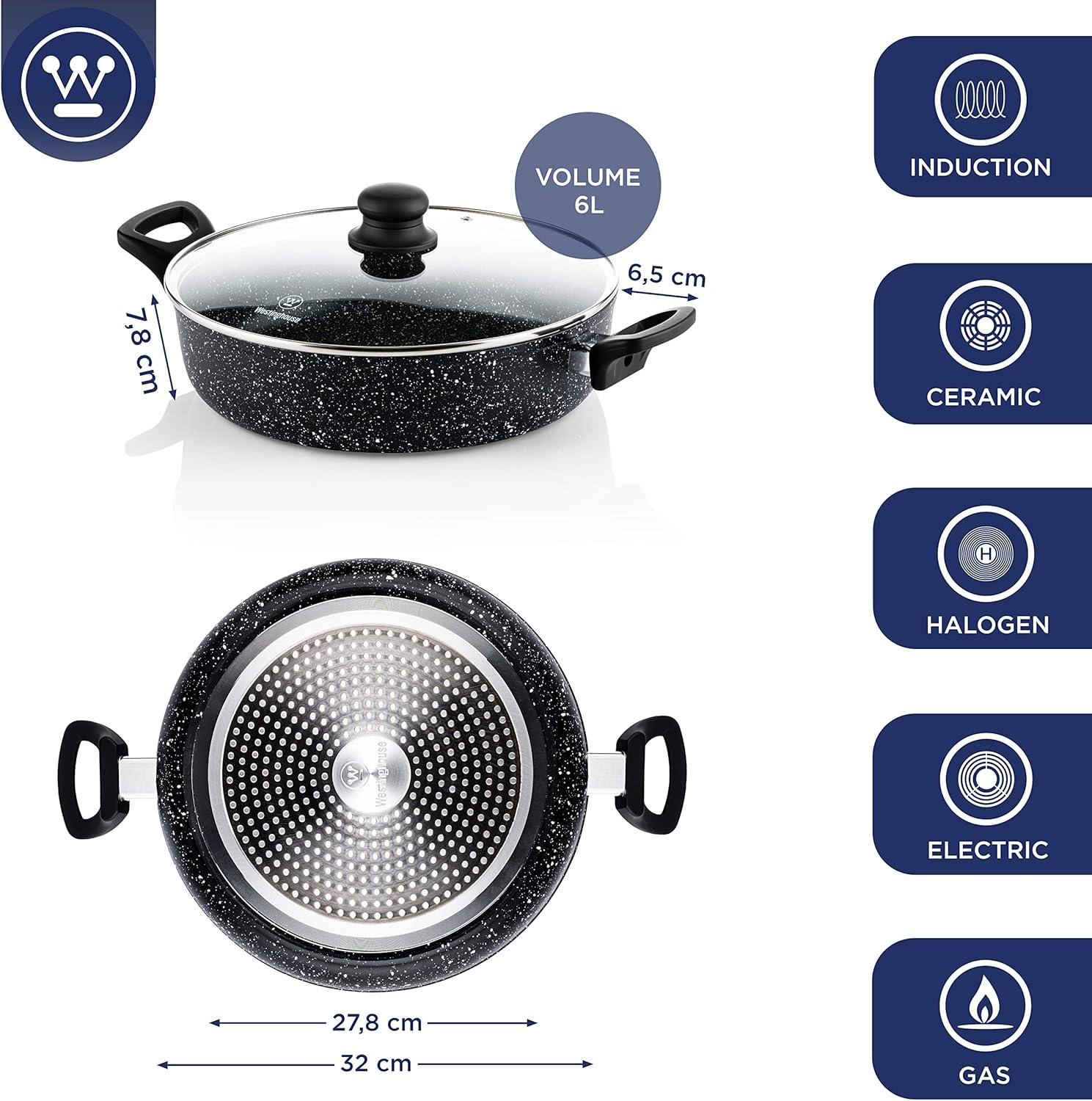 Westinghouse Frying Pan with Lid Non Stick, diameter 32 cm Saute Pan, Casserole Dish for Induction Gas Electric & Ceramic Hob - Image 5