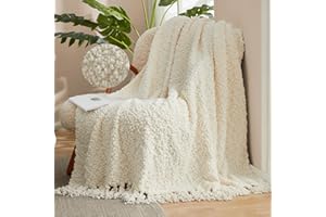 Amélie Home Knit Throw Blanket with Tassels for Couch, Luxury Boho Throw Blanket Ivory, 50"x60"